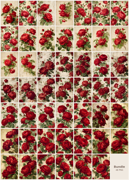 Red Roses Printable Design Sheets – 48 A4 Digital Pages for Crafts (Instant Download)