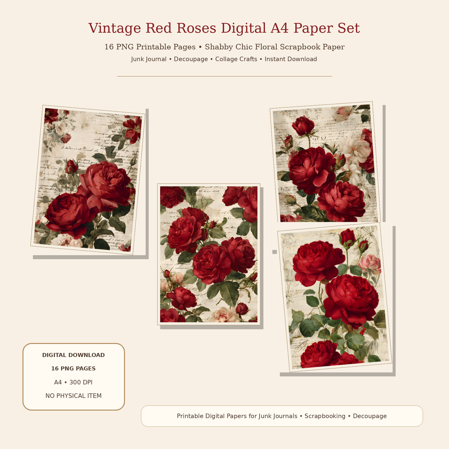Vintage Red Roses Printable Design Sheets – 16 A4 Digital Pages for Crafts (Instant Download)