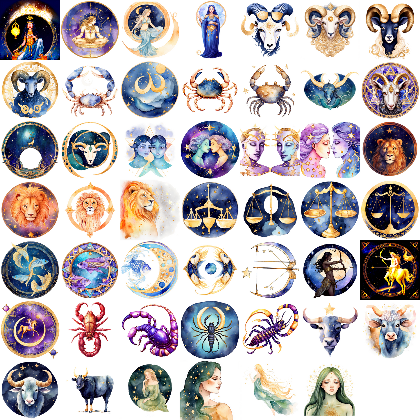 Watercolor Zodiac Signs Clipart Set: 48 PNG Designs with Transparent Background (Digital Download)