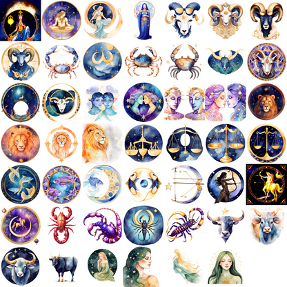 Watercolor Zodiac Signs Clipart Set: 48 PNG Designs with Transparent Background (Digital Download)