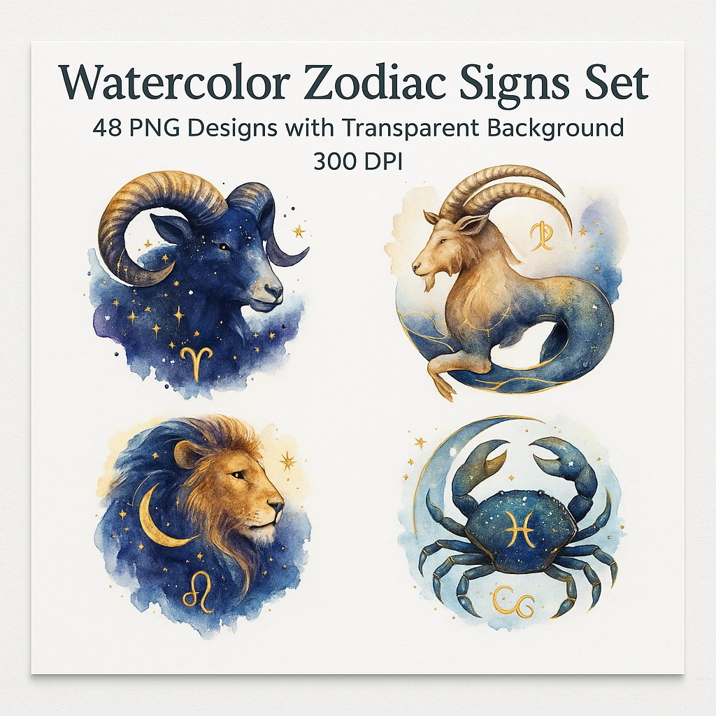 Watercolor Zodiac Signs Clipart Set: 48 PNG Designs with Transparent Background (Digital Download)