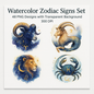 Watercolor Zodiac Signs Clipart Set: 48 PNG Designs with Transparent Background (Digital Download)