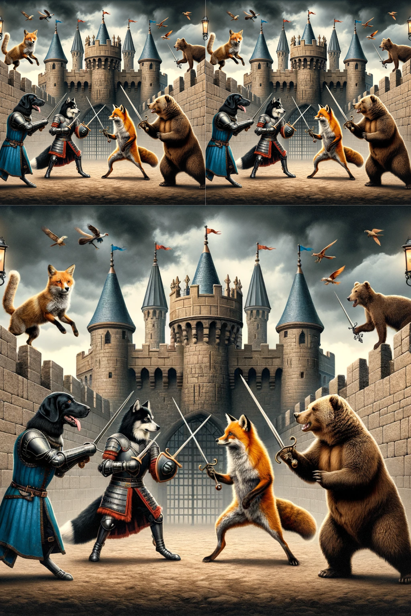Sticker Sheet / Greeting Card – Animals Fighting in the Castle Cat. No. 7